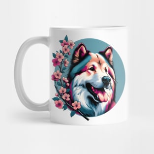 Karelian Bear Dog Delights in Spring Cherry Blossoms Mug